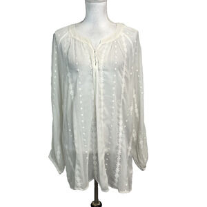 Indigo Soul Blouse Tunic size Large Ivory Beige Floral Embroidery Peasant Hippie